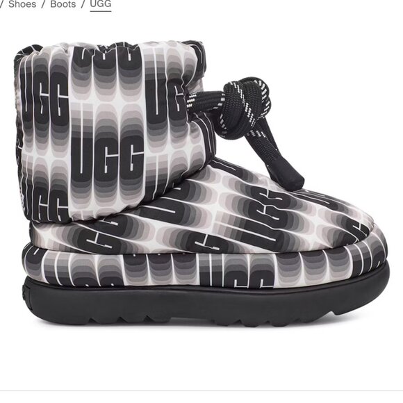 UGG Women's Black White All Over Logo Classic Maxi Wavelength Short Boots 7 NEW - Picture 3 of 4